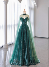New A-Line Dark Green Prom Dress, Off-The-Shoulder Prom Dress With Cape, Sweeping Tail Prom Dress